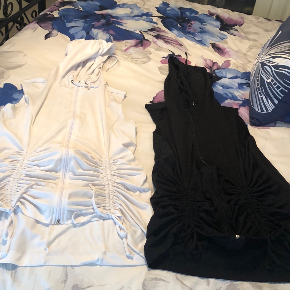 Ruched, sleeveless, hooded zip up jackets